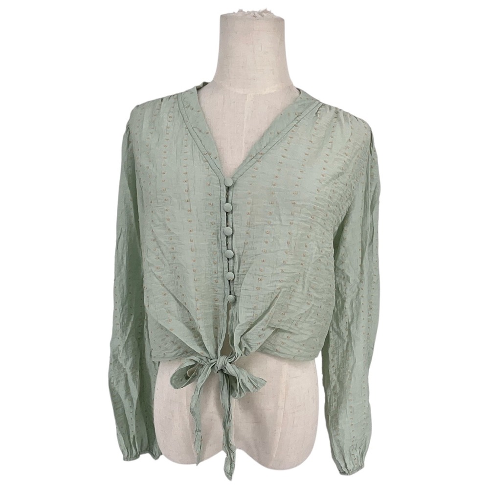 Paper Crane Sage Green Textured Tie Front Cropped Button Blouse Med Balletcore‎